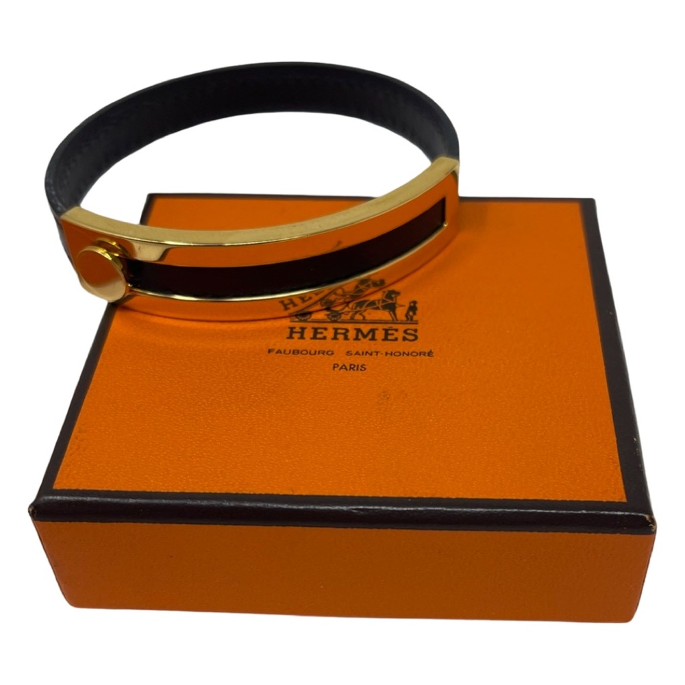 Hermes black leather gold metal slide lock bracelet - Picture 2 of 10